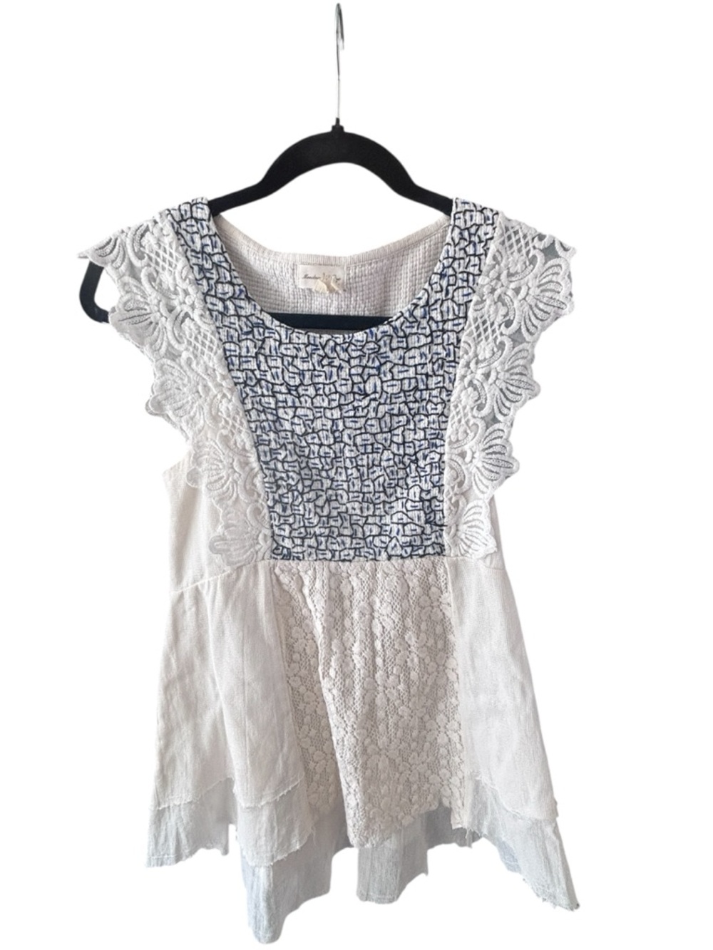 Meadow Rue Anthropologie Boho Lace Tunic Top Cream Blue Embroidered Small